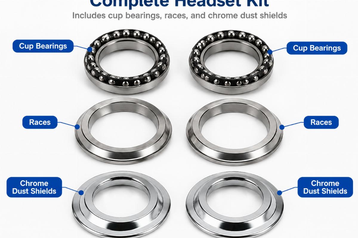 English alt describing the included head cup bearings, races, and chrome dust shields