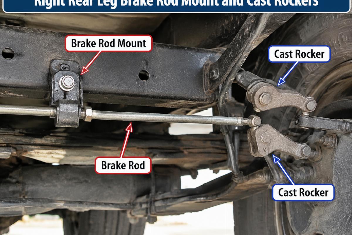English alt describing the right rear leg brake rod mount and cast rockers