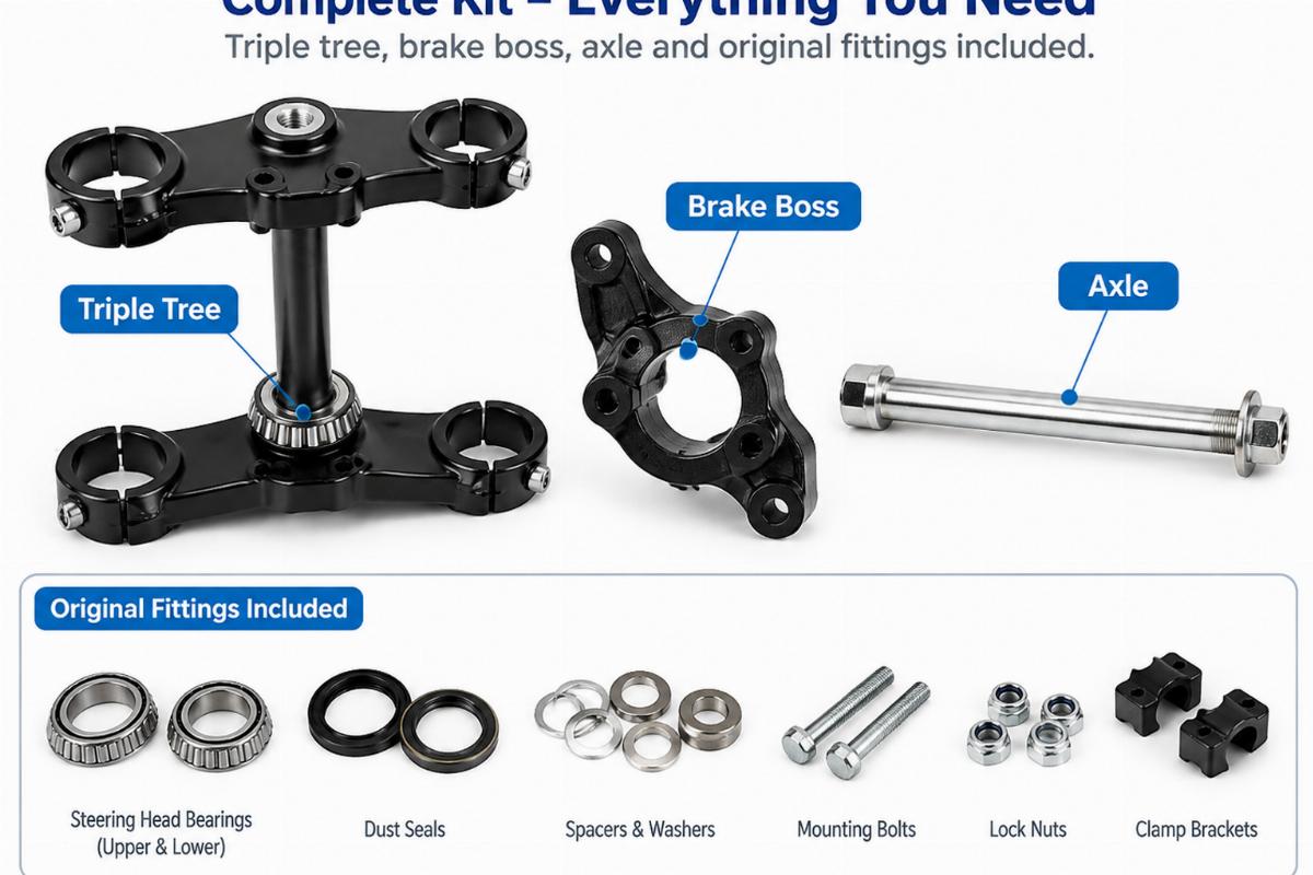 English alt describing the triple tree, brake boss, axle, and original fittings included in the kit