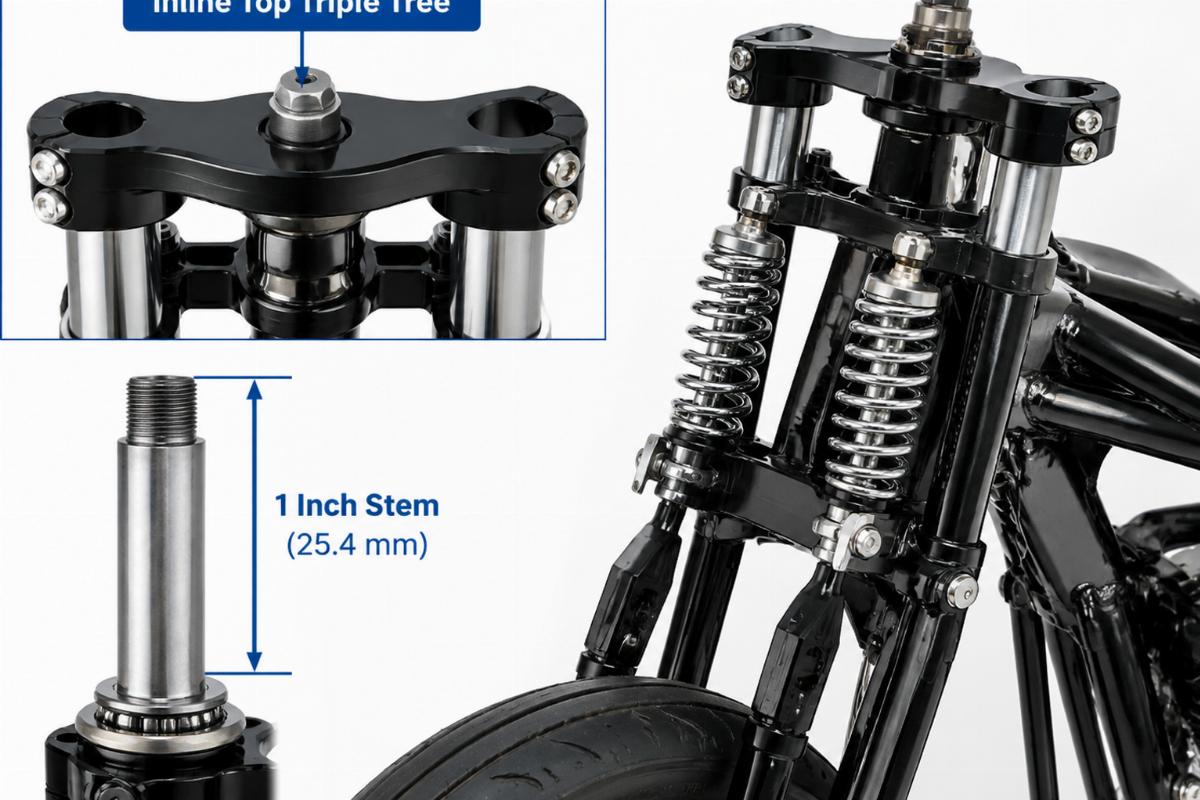 English alt detailing the inline top triple tree and 1 inch stem on the springer assembly