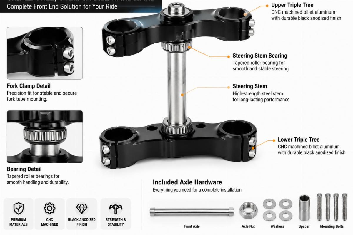 English alt detailing the triple tree, stem, and included axle hardware