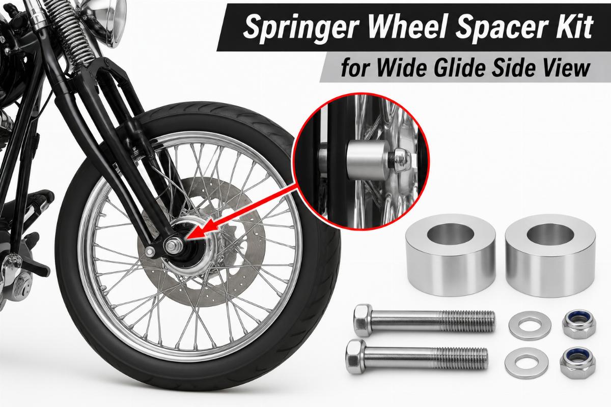 English alt showing a springer wheel spacer kit for wide glide side view