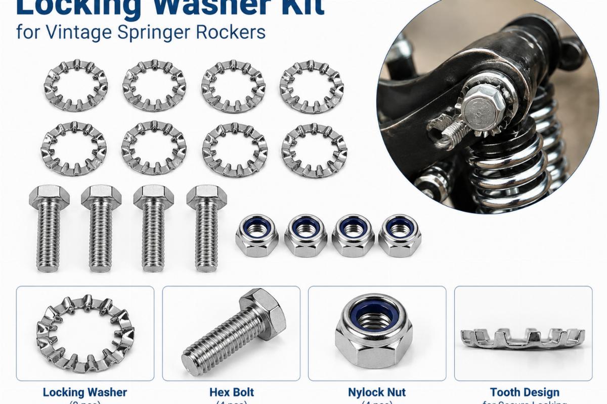 English alt showing locking washer kit for vintage springer rockers and hardware details