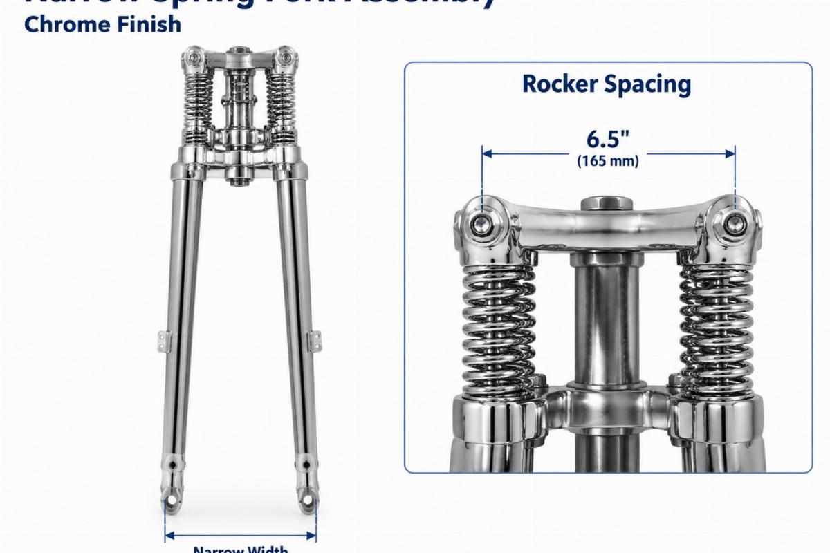 English alt showing narrow spring fork assembly chrome finish and rocker spacing