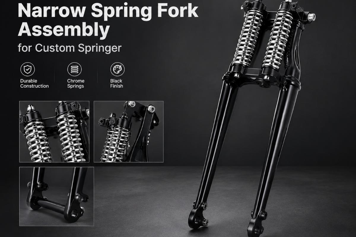 English alt showing narrow spring fork assembly for custom springer with black finish and chrome springs