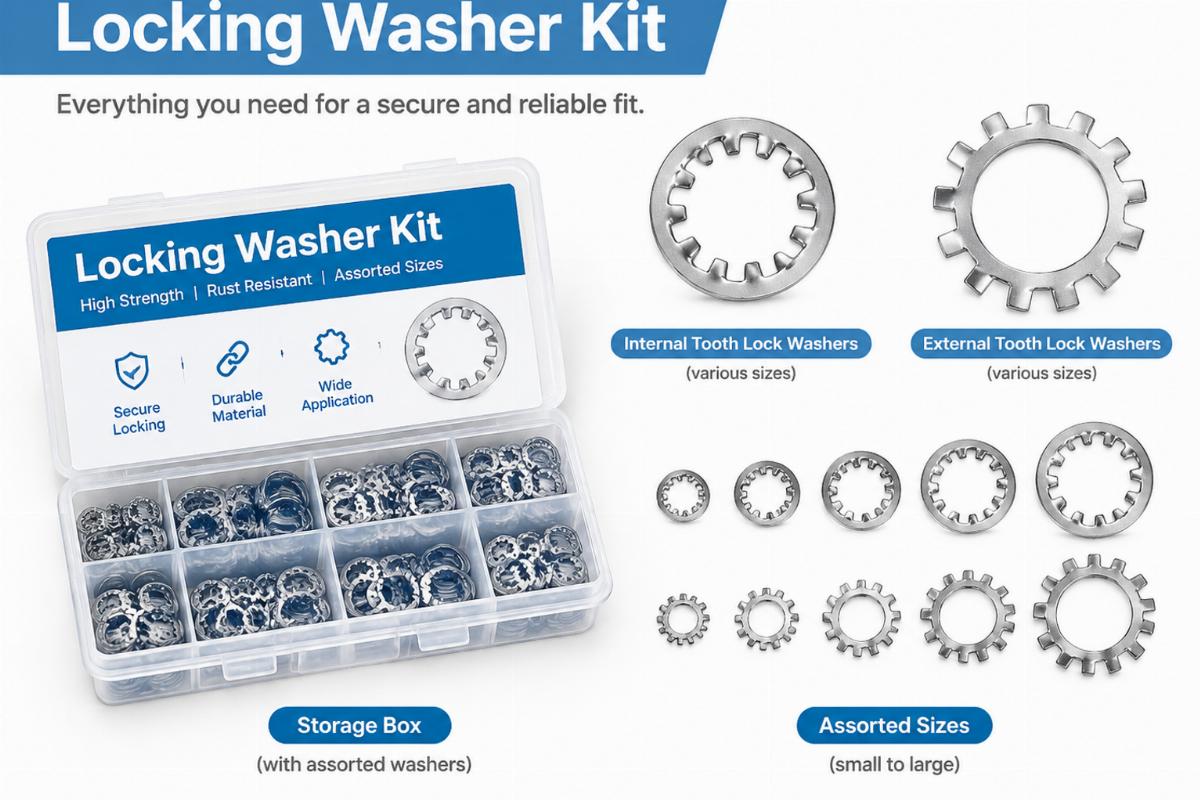 English alt showing packaging and included parts of the locking washer kit