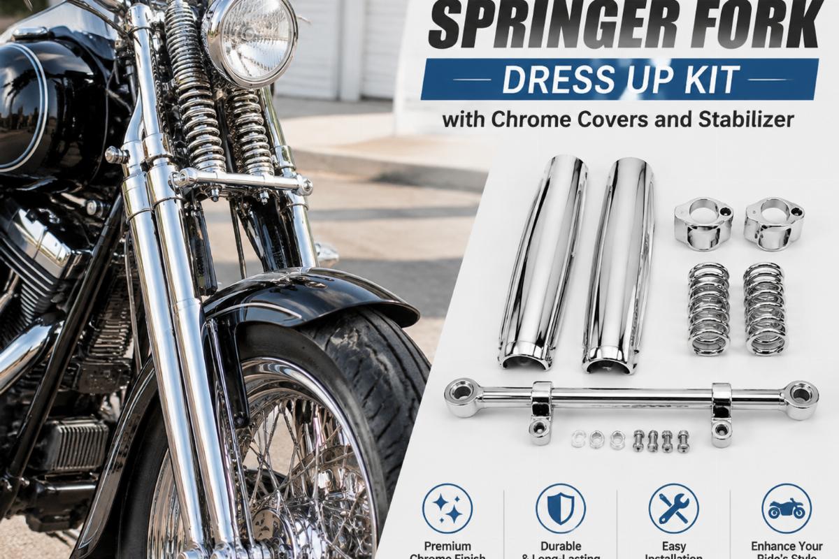 English alt showing springer fork dress up kit with chrome covers and stabilizer
