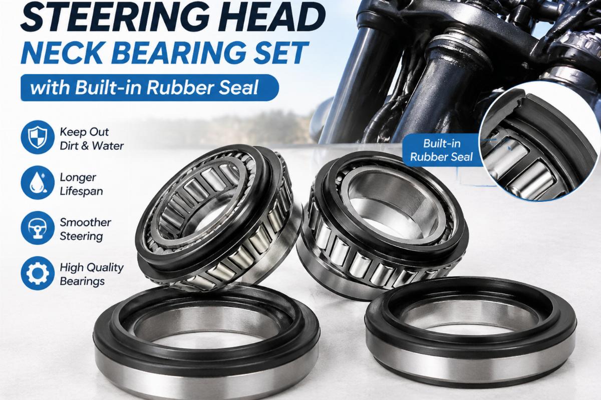 English alt showing steering head neck bearing set with built-in rubber seal