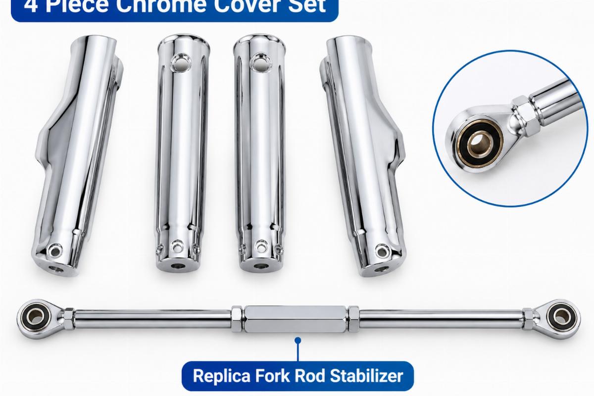English alt showing the 4 piece chrome cover set and replica fork rod stabilizer included in the kit