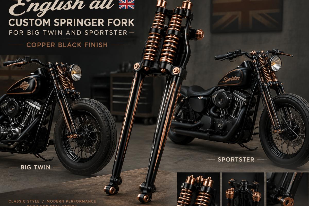English alt with custom springer fork for big twin and sportster and copper black finish