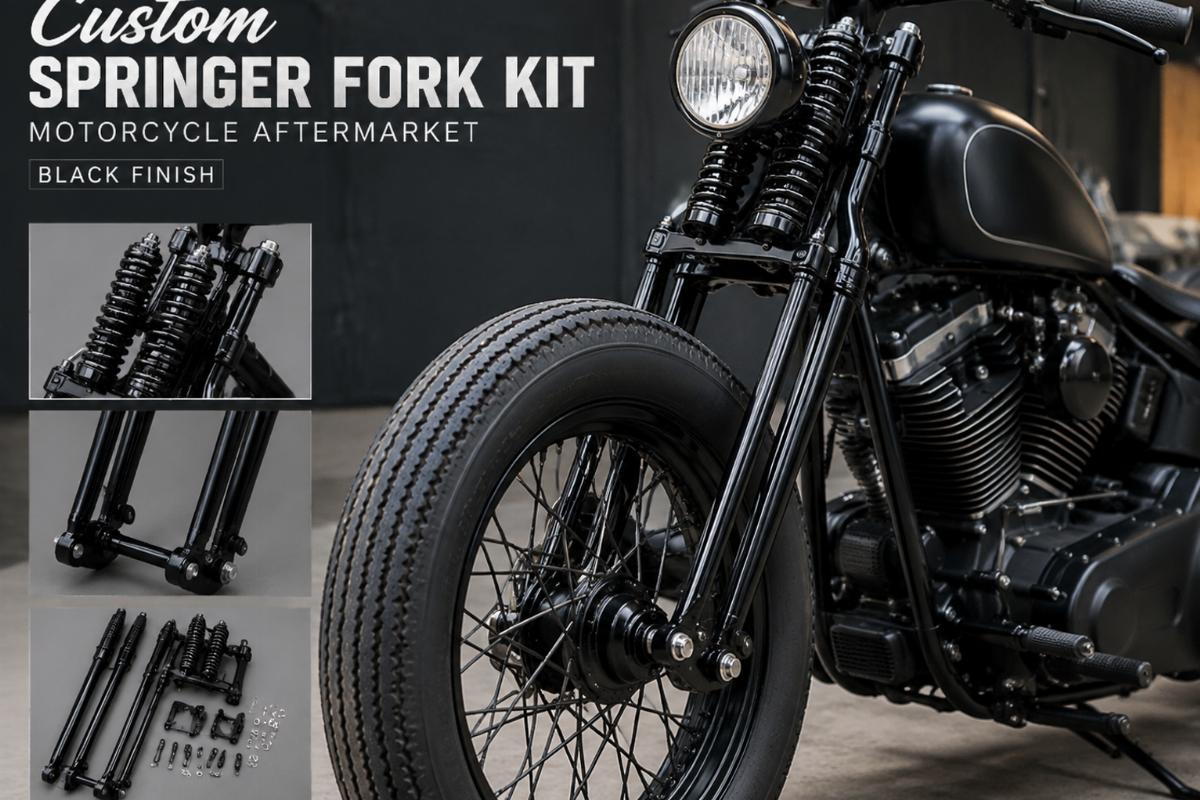 English alt with custom springer fork kit motorcycle aftermarket and black finish view