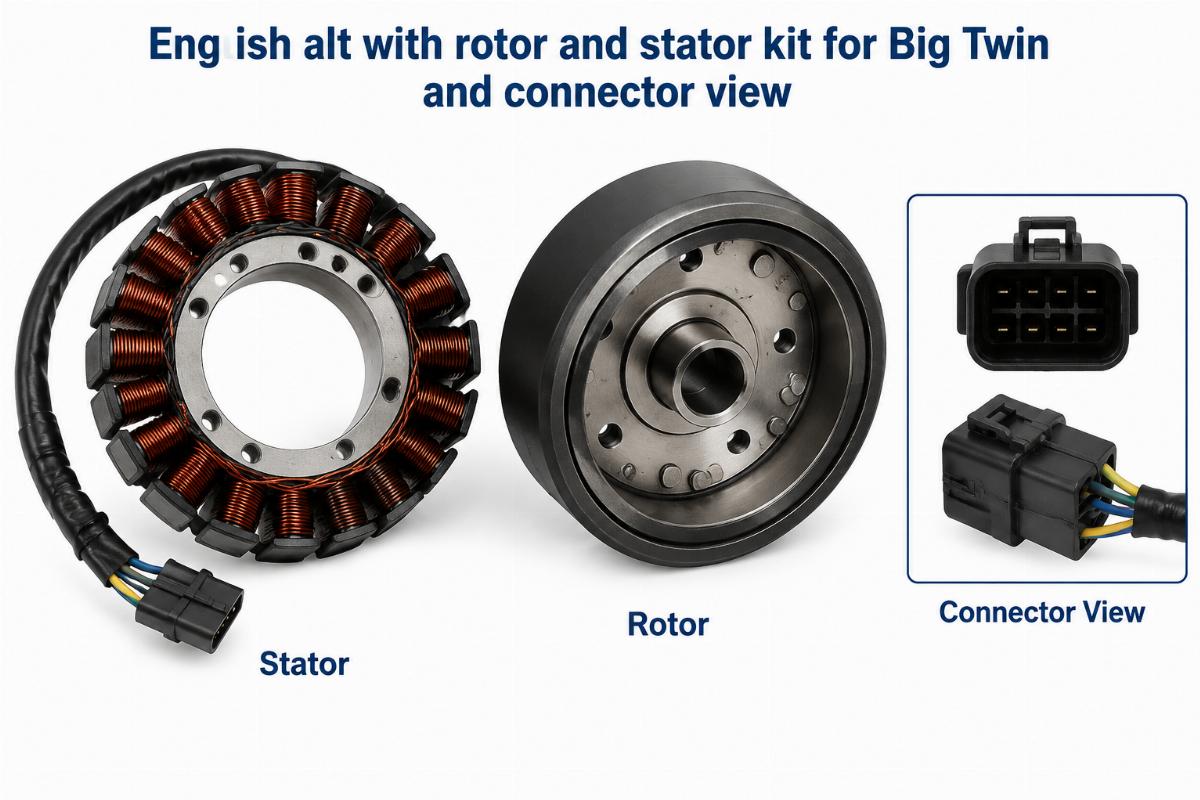 English alt with rotor and stator kit for big twin and connector view
