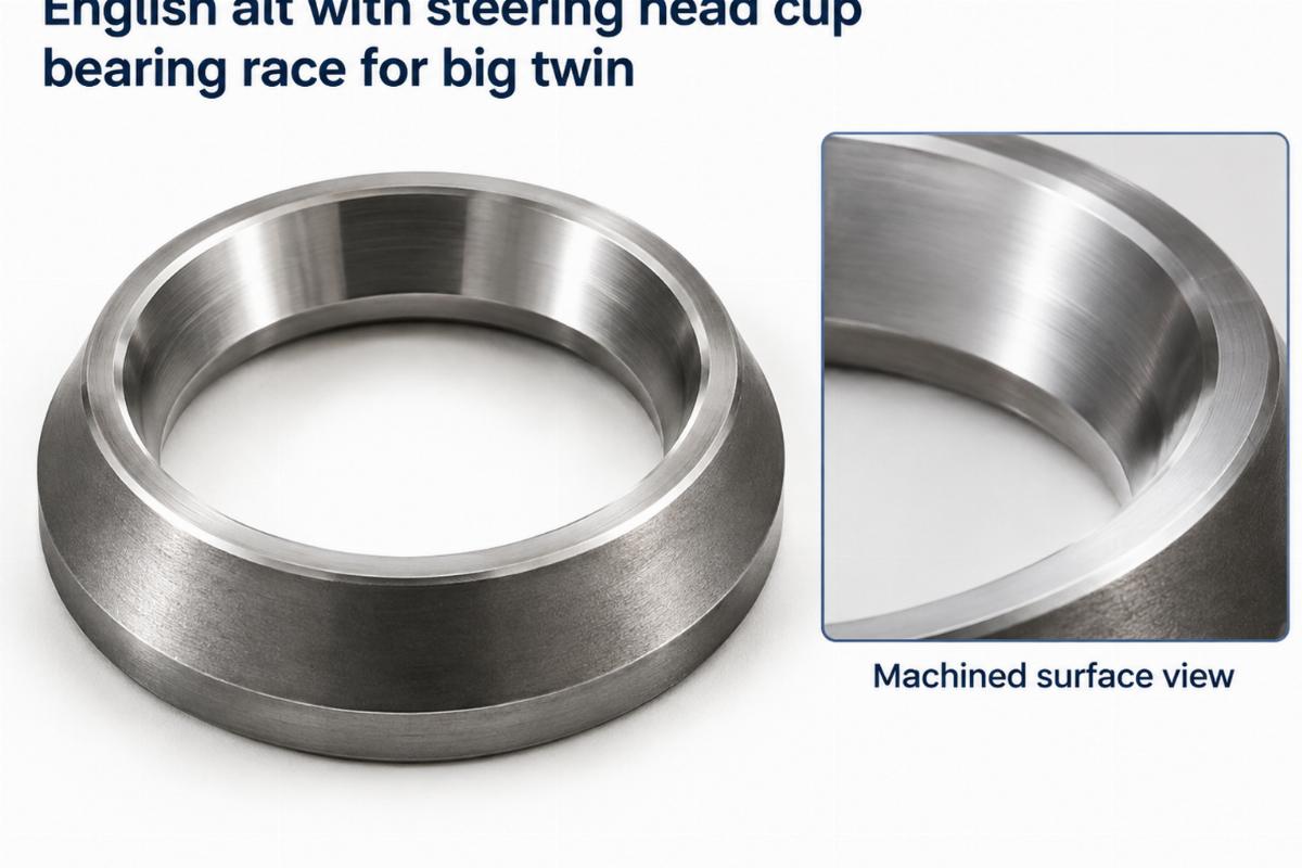 English alt with steering head cup bearing race for big twin and machined surface view