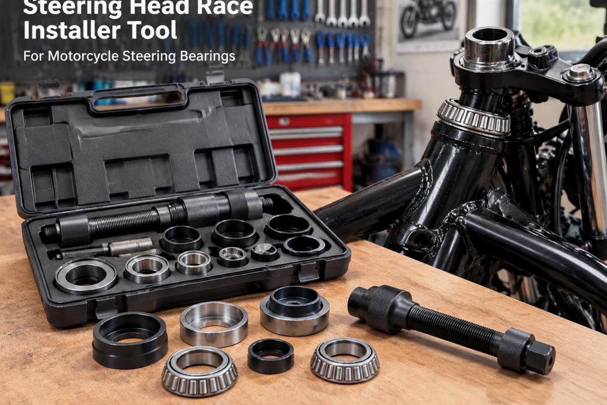 English alt with steering head race installer tool and workshop view