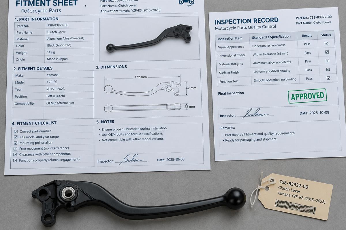 Example of a detailed fitment sheet and inspection record accompanying a motorcycle part