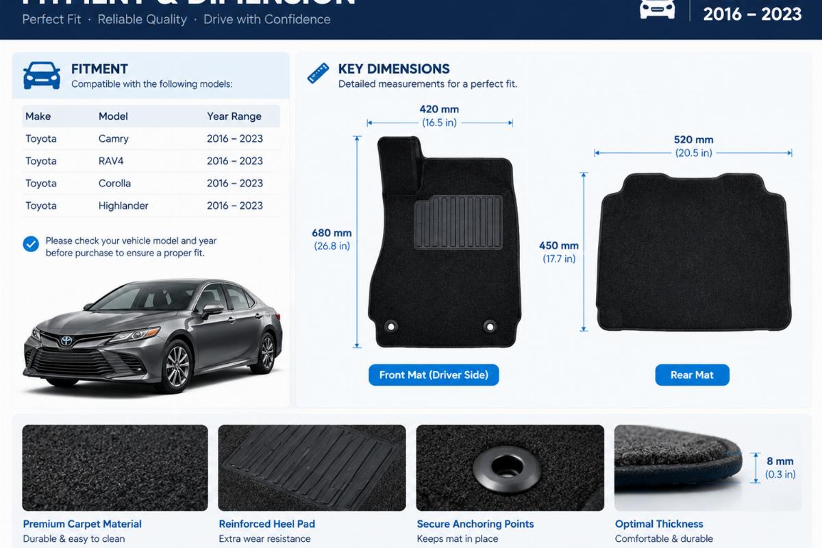 Example of a detailed fitment sheet showing model years and key dimensions