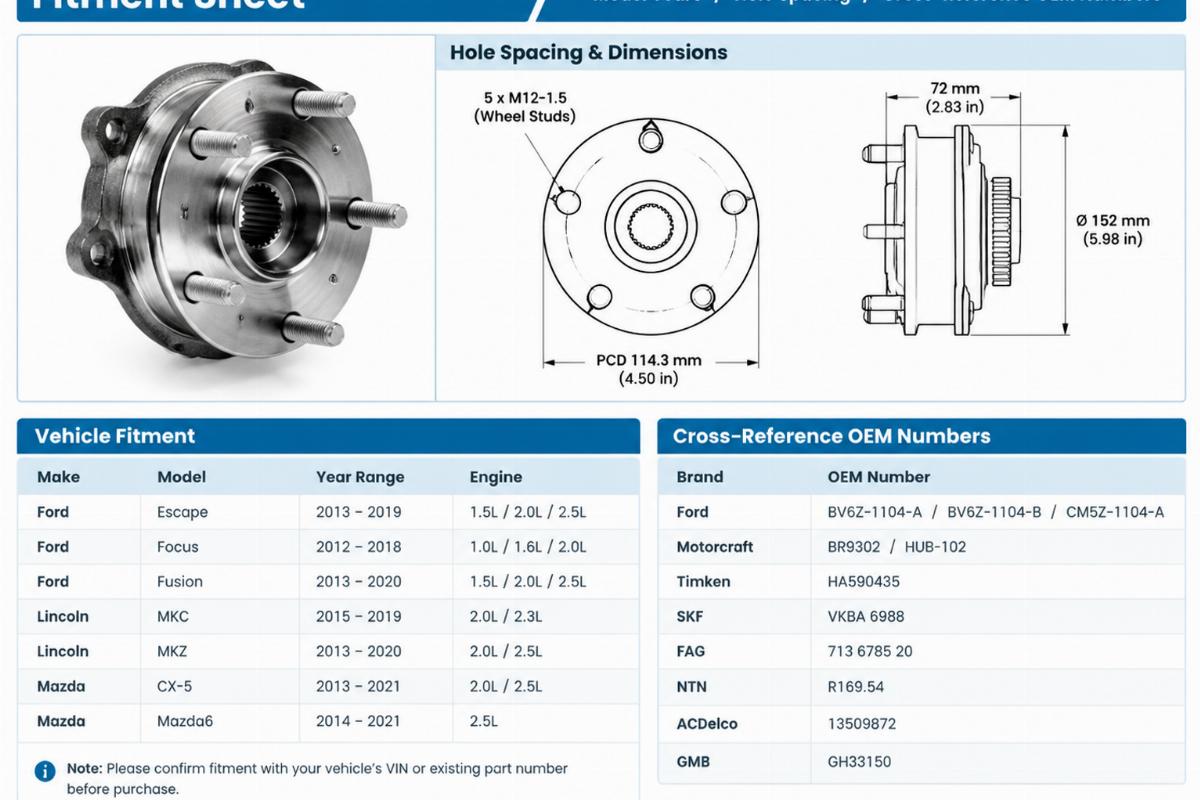Example of a detailed fitment sheet showing model years, hole spacing, and cross-reference OEM numbers