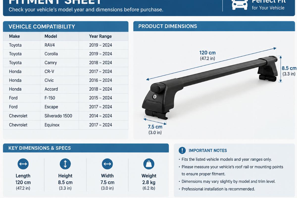 Example of a detailed fitment sheet with model years and dimensions
