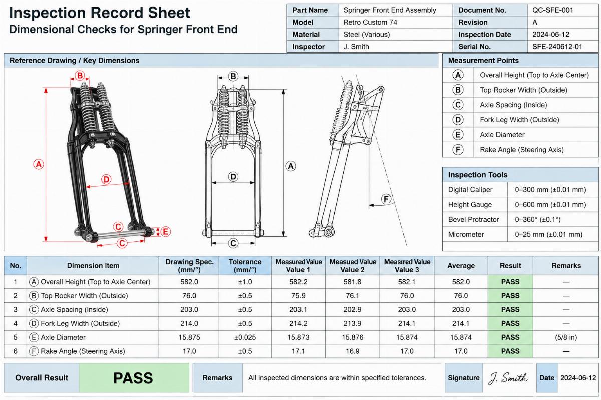 Example of a detailed inspection record sheet showing dimensional checks for a springer front end