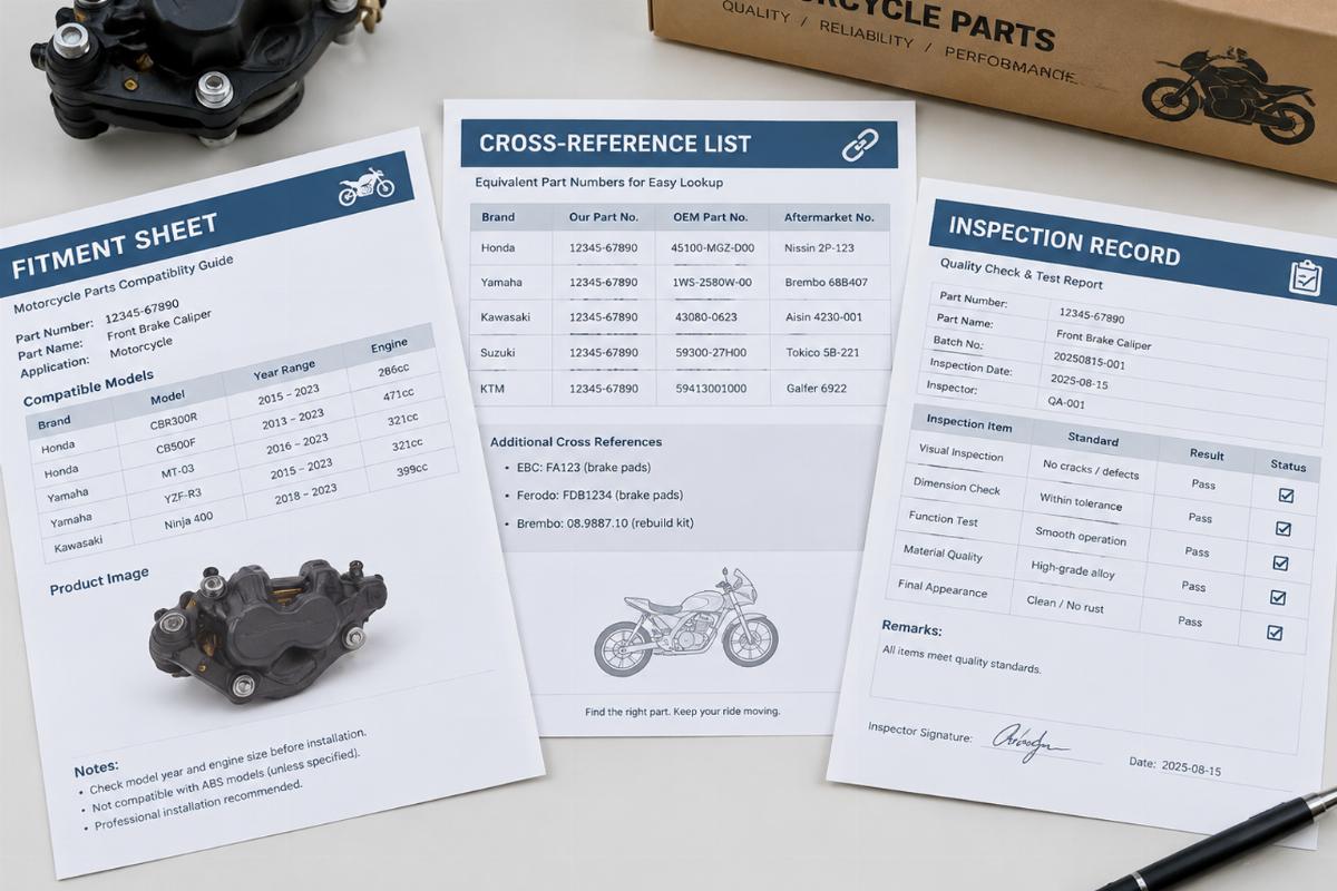 Example of a documentation package including fitment sheet, cross-reference list, and inspection record for motorcycle parts