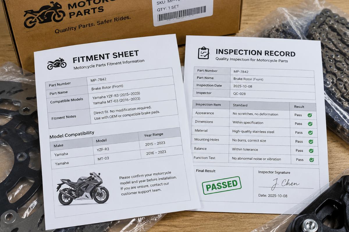 Example of a fitment sheet and inspection record included with a shipment of motorcycle parts