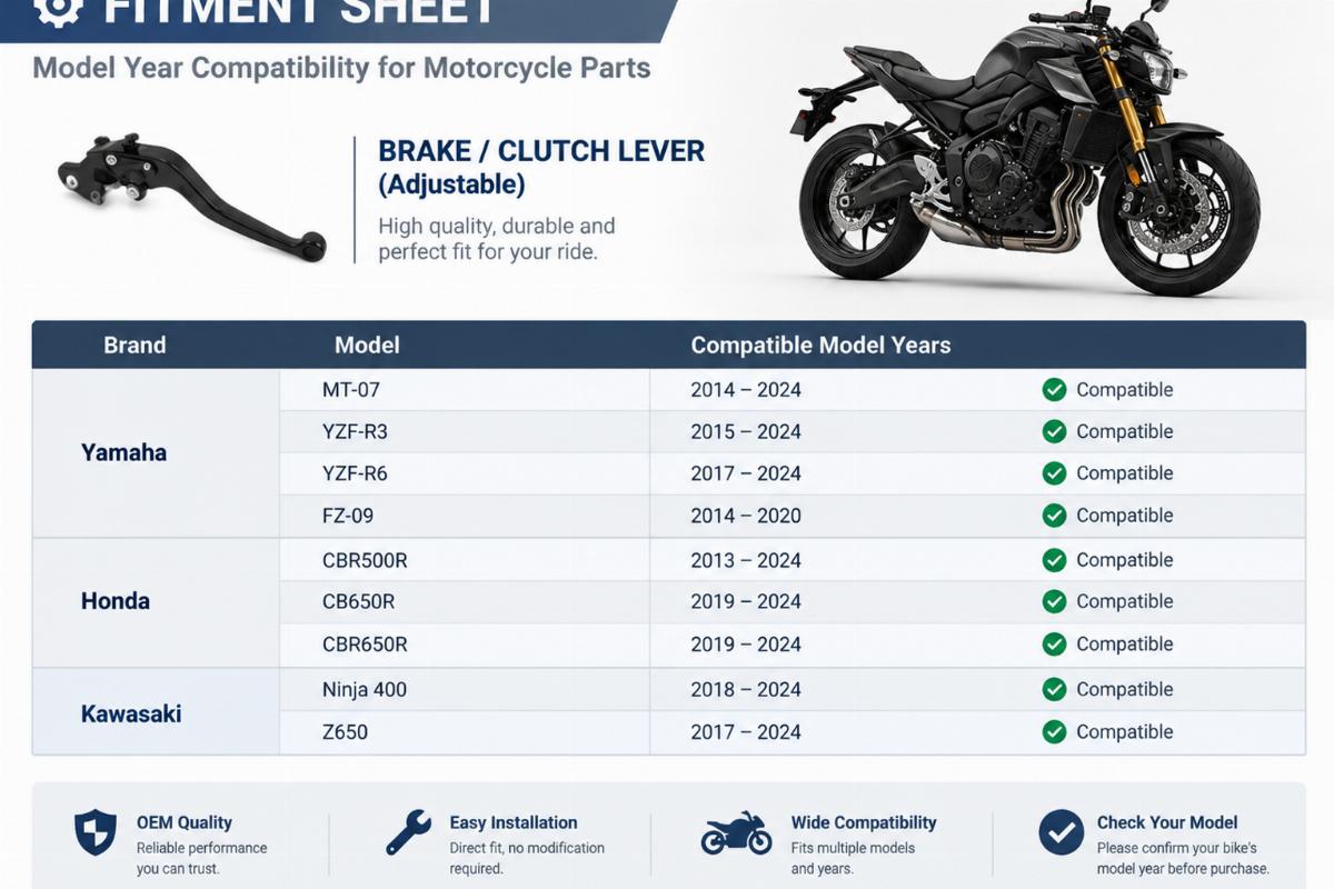 Example of a fitment sheet showing model year compatibility for motorcycle parts