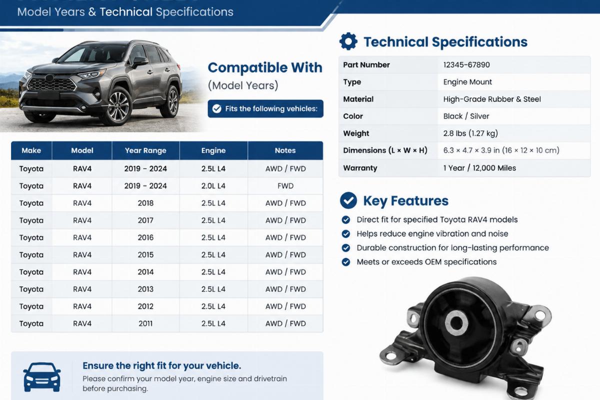 Example of a fitment sheet with model years and technical specifications