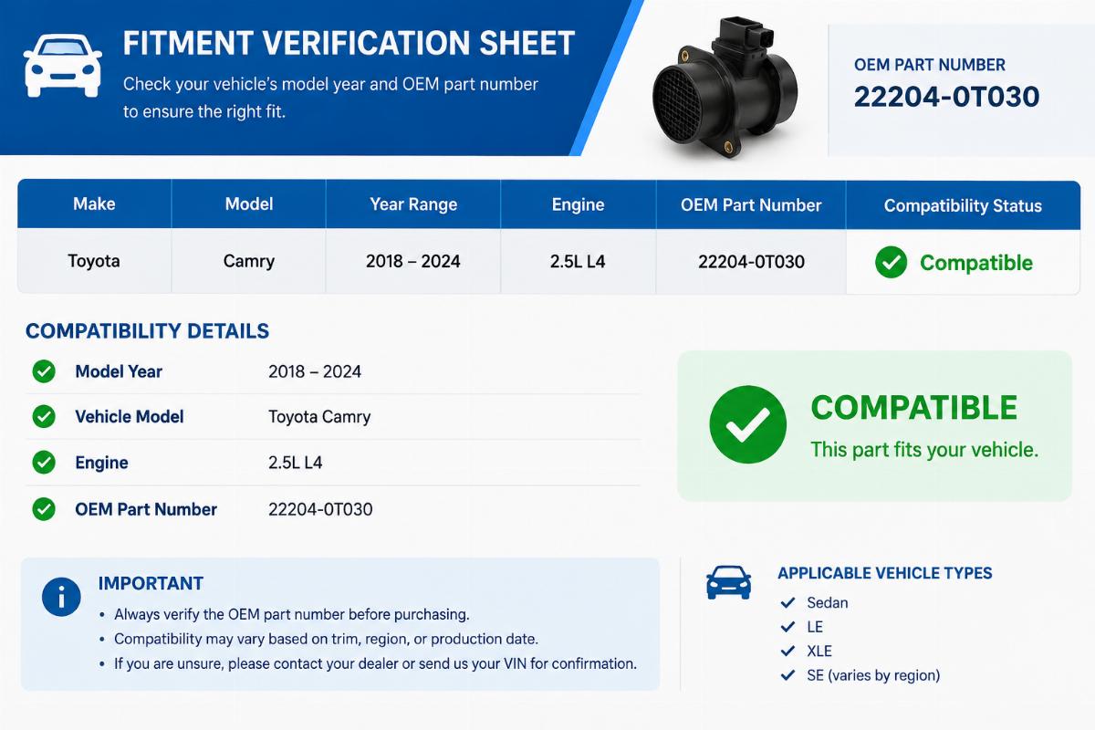 Example of a fitment verification sheet showing model year, OEM part number, and compatibility status
