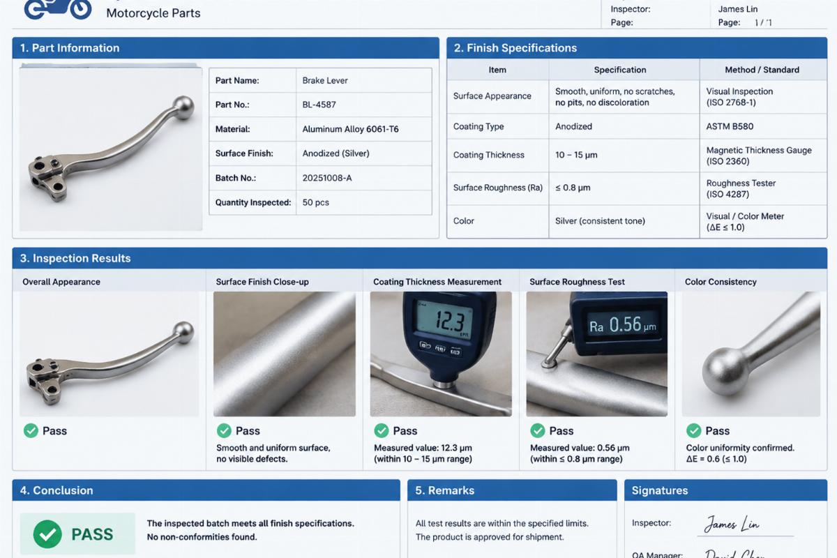 Example of a quality inspection report for motorcycle parts showing finish specifications