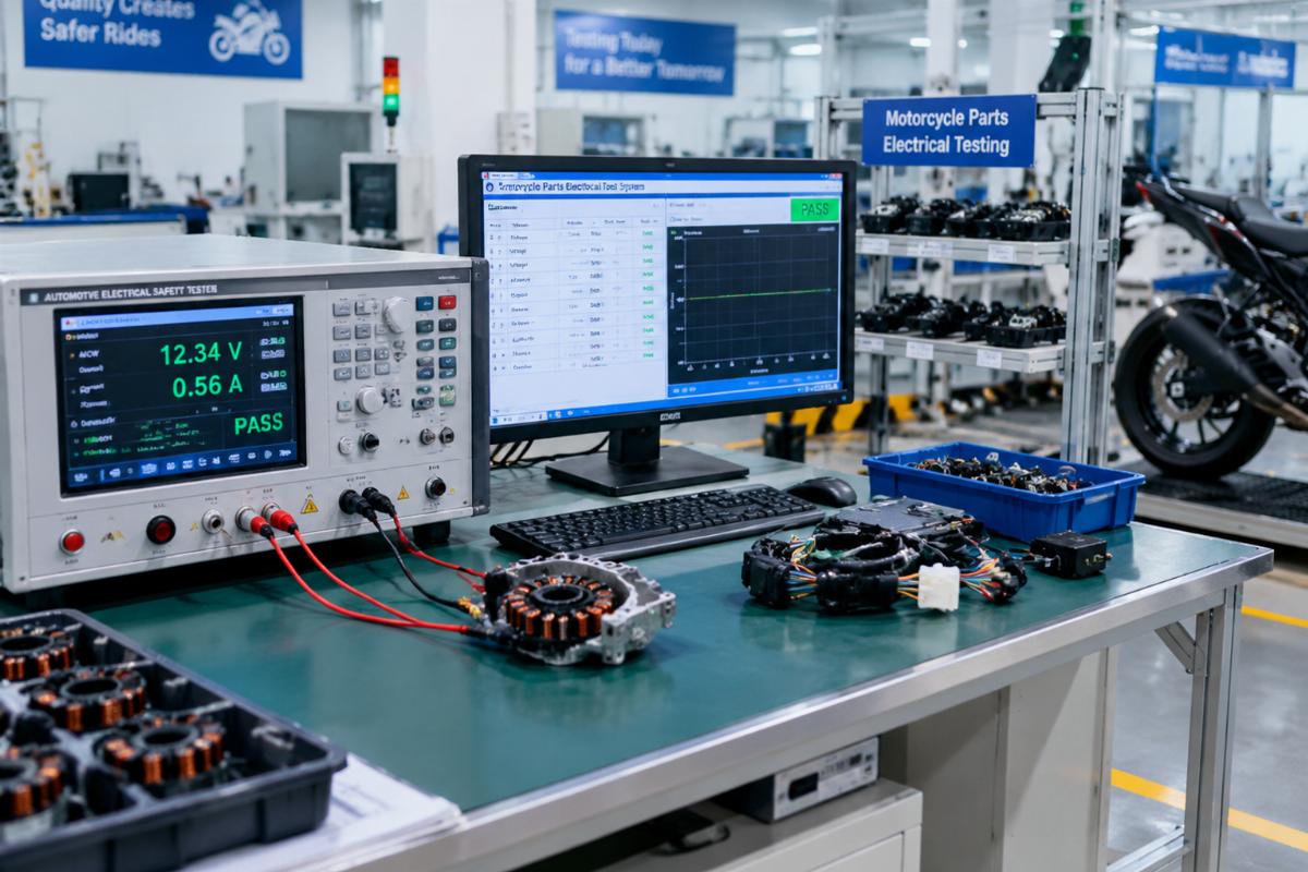 Factory floor showing specialized electrical testing equipment for motorcycle parts