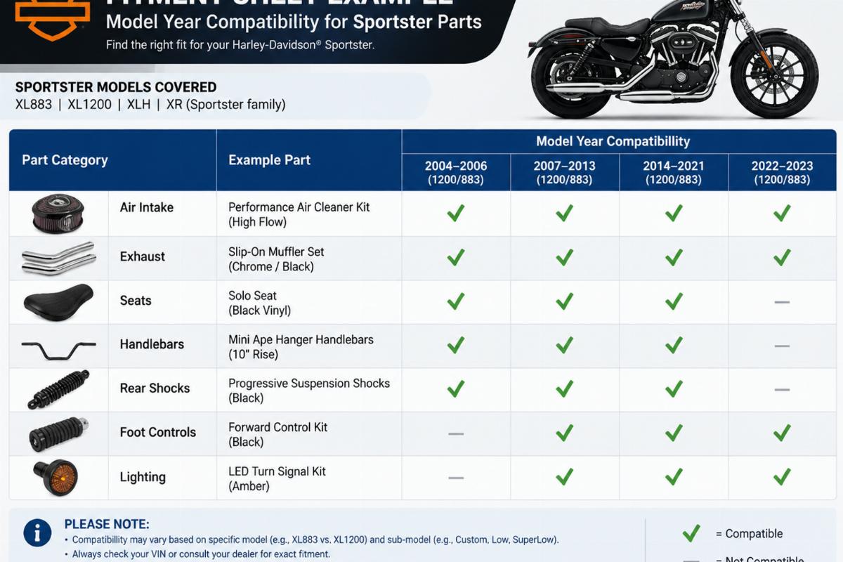 Fitment sheet example showing model year compatibility for Sportster parts