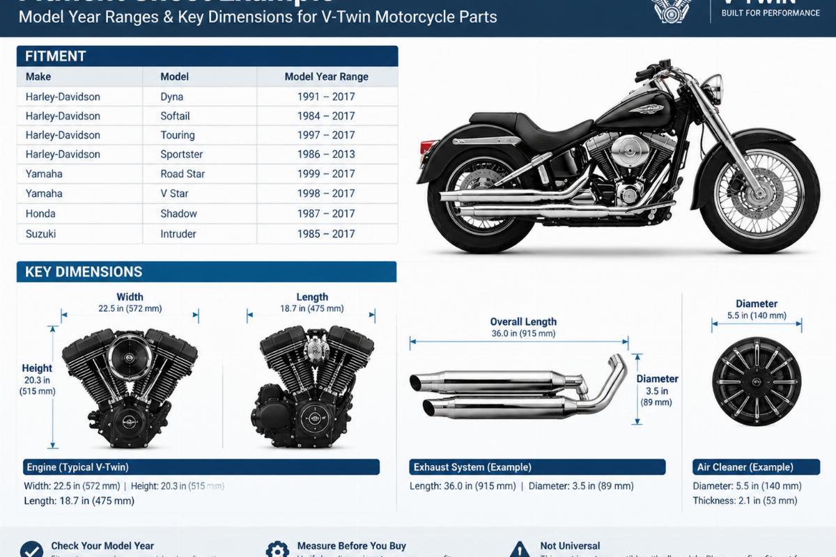 Fitment sheet example showing model year ranges and key dimensions for V-twin motorcycle parts