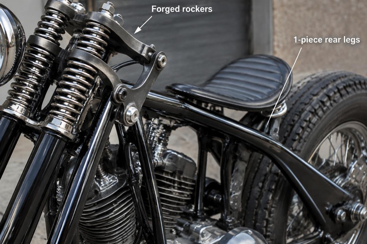 Forged rockers and 1-piece rear legs detail on custom springer