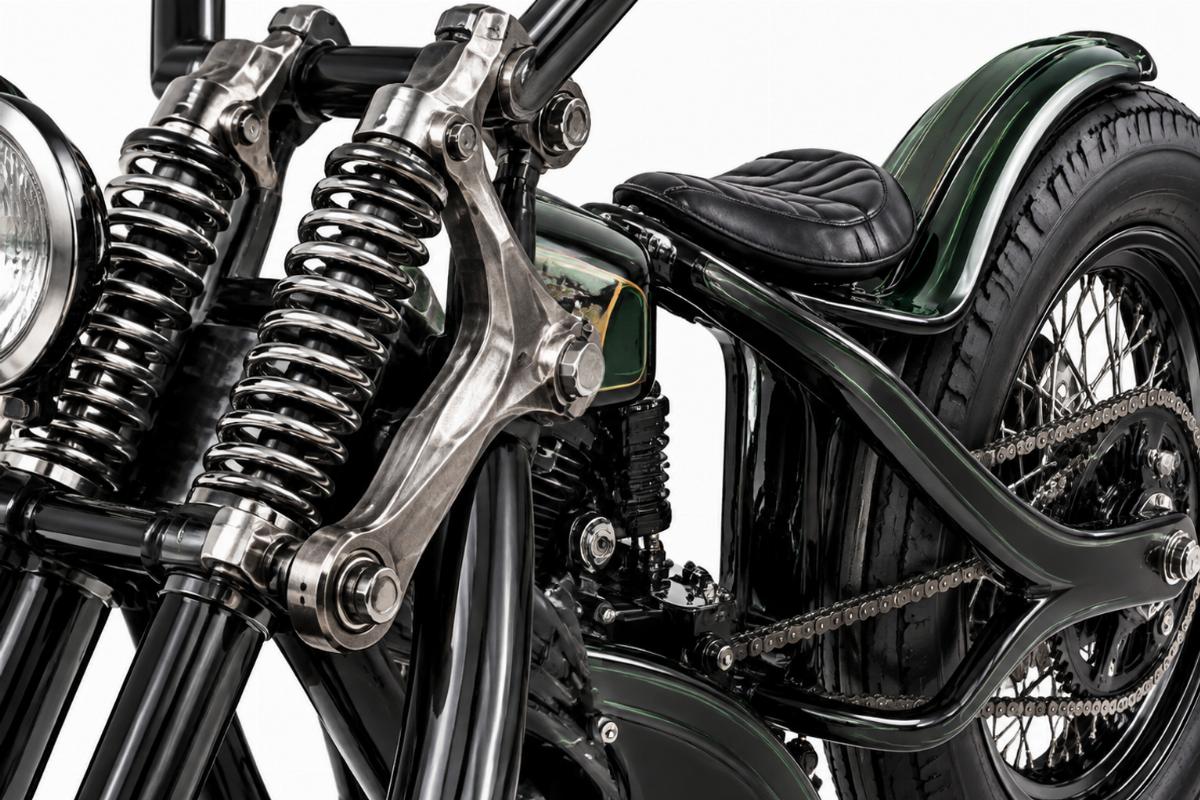 Forged rockers and 1-piece rear legs detail on custom springer
