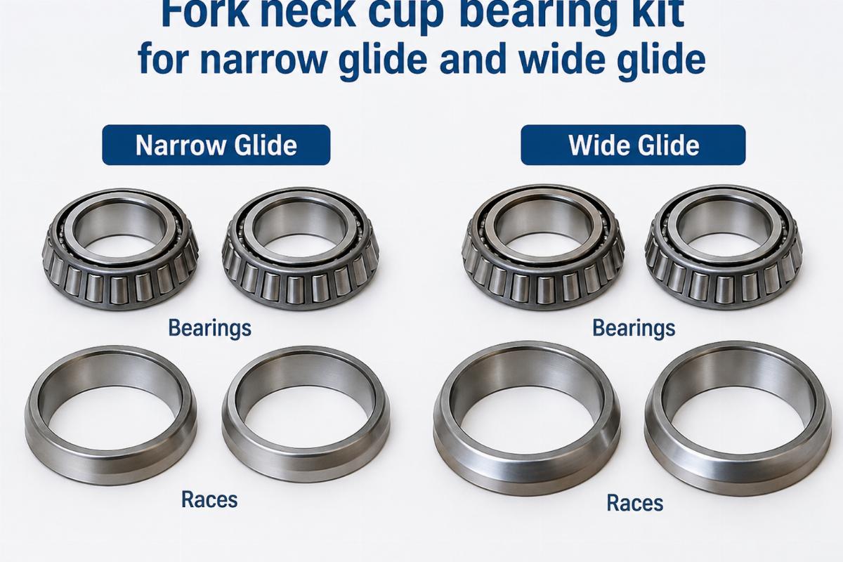 Fork neck cup bearing kit for narrow glide and wide glide showing bearings and races