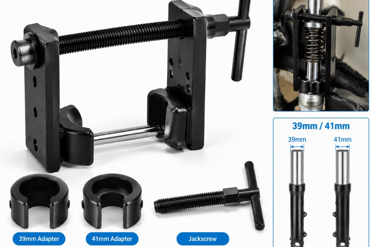 fork spring compressor tool for 39mm 41mm forks showing adapters and jackscrew