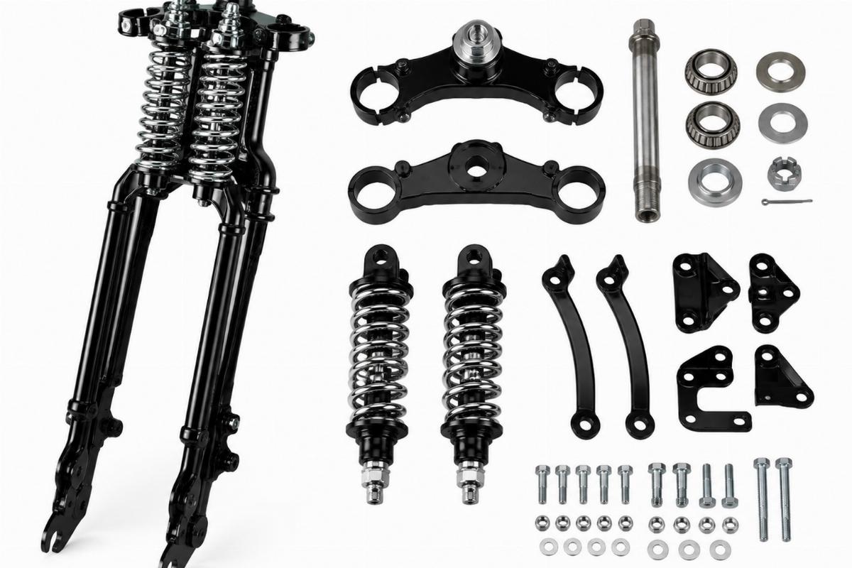 Fully assembled black springer fork kit with top tree and hardware
