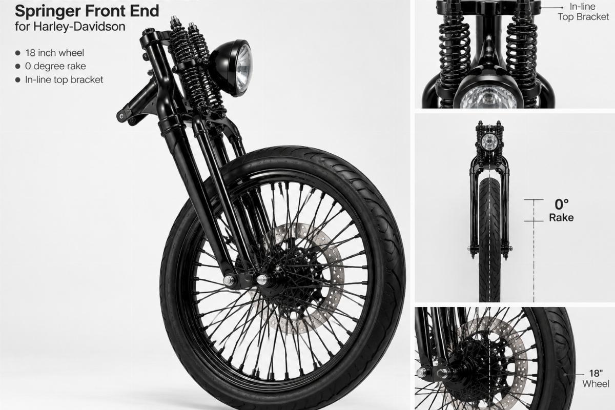 Gloss black 18 inch custom springer front end for harley-davidson showing 0 degree rake and in-line top bracket
