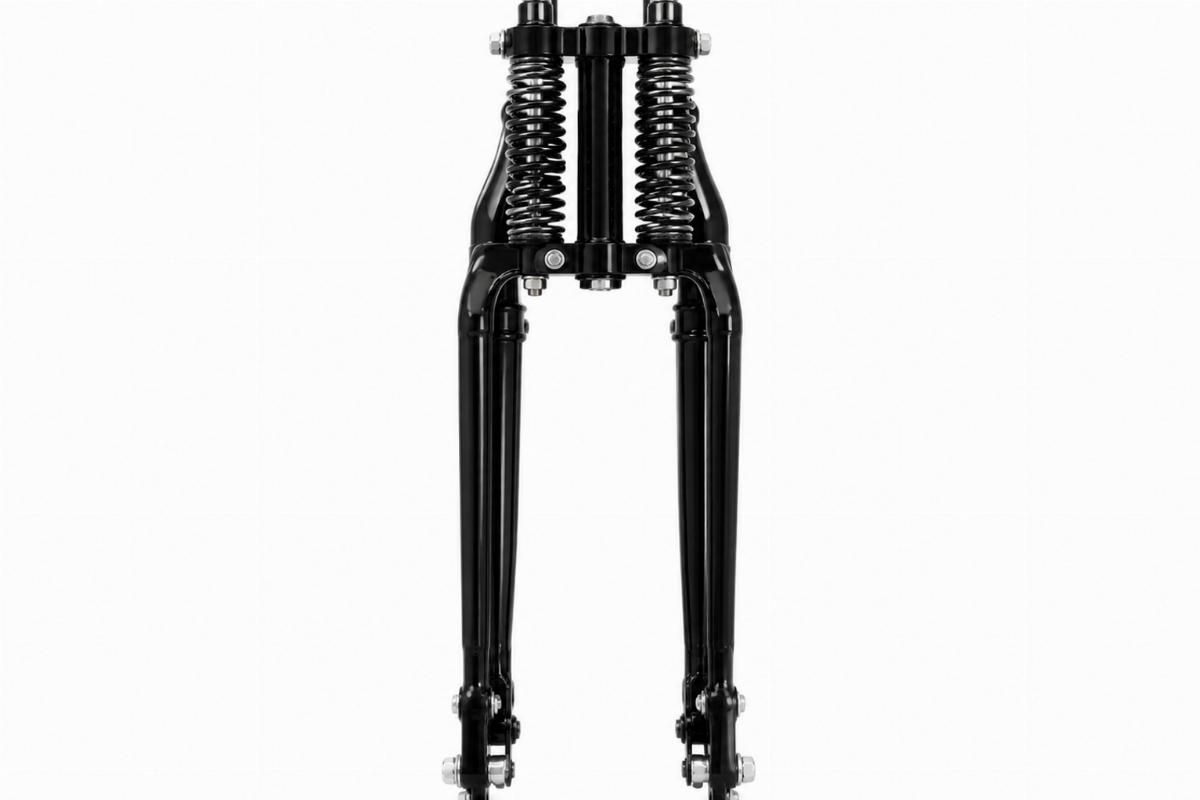 Gloss black custom springer fork for vintage FL and Sportster front view