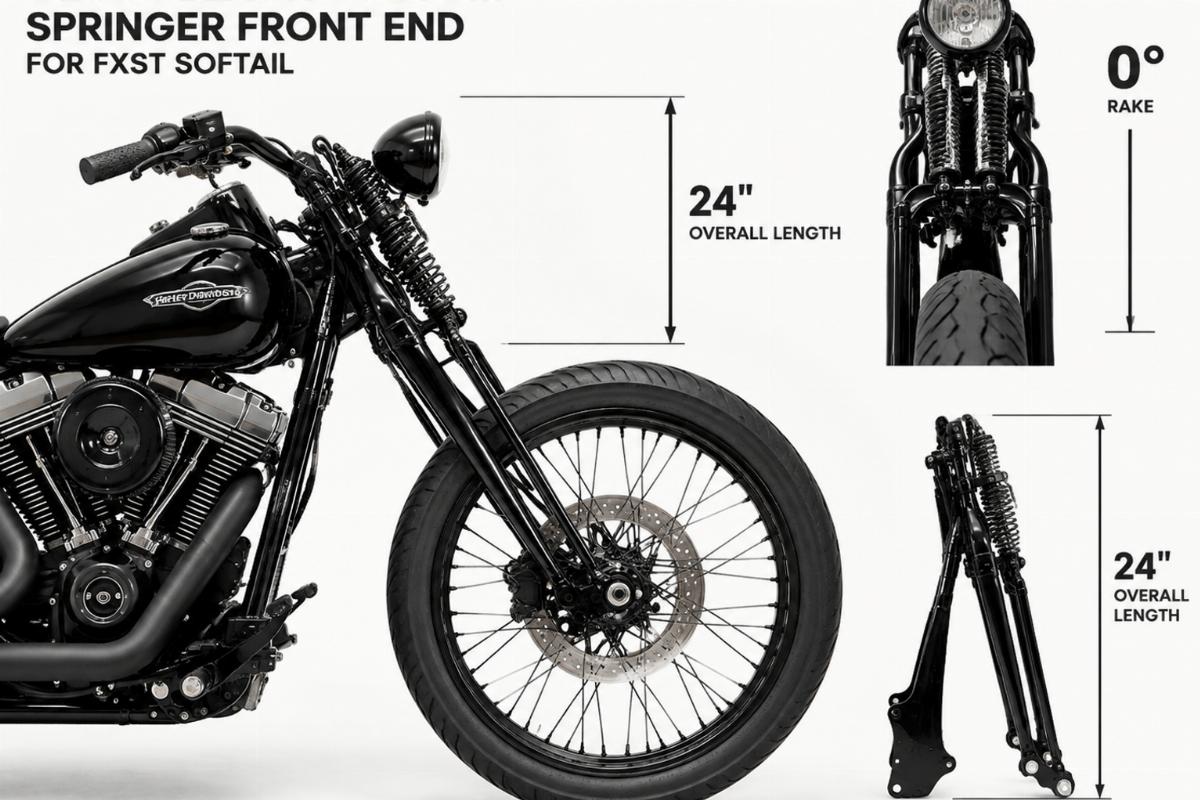 Gloss black custom springer front end for FXST Softail showing 24 inch overall length and 0 degree rake