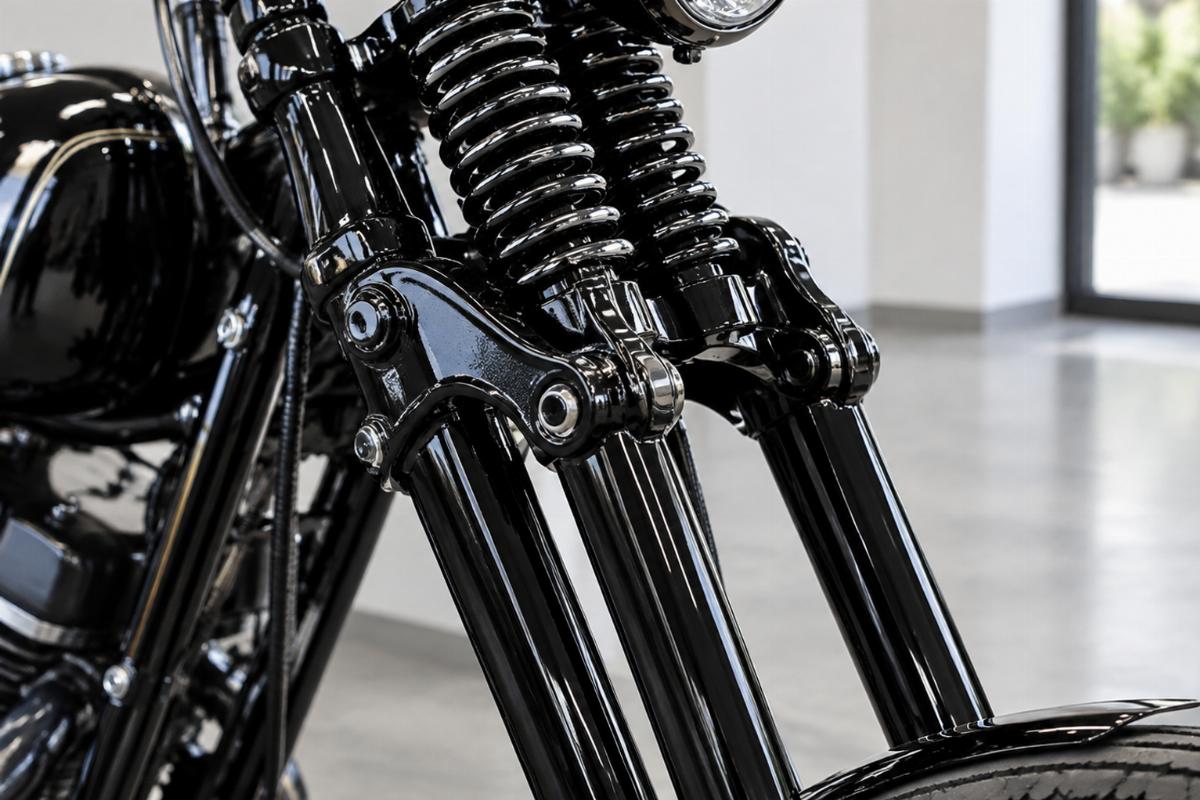 gloss black finish detail on custom springer fork legs and cast rockers
