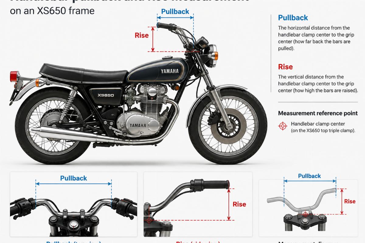 Handlebar pullback and rise measurement diagram on an XS650 frame