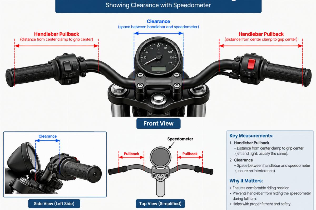 Handlebar pullback measurement diagram showing clearance with speedometer