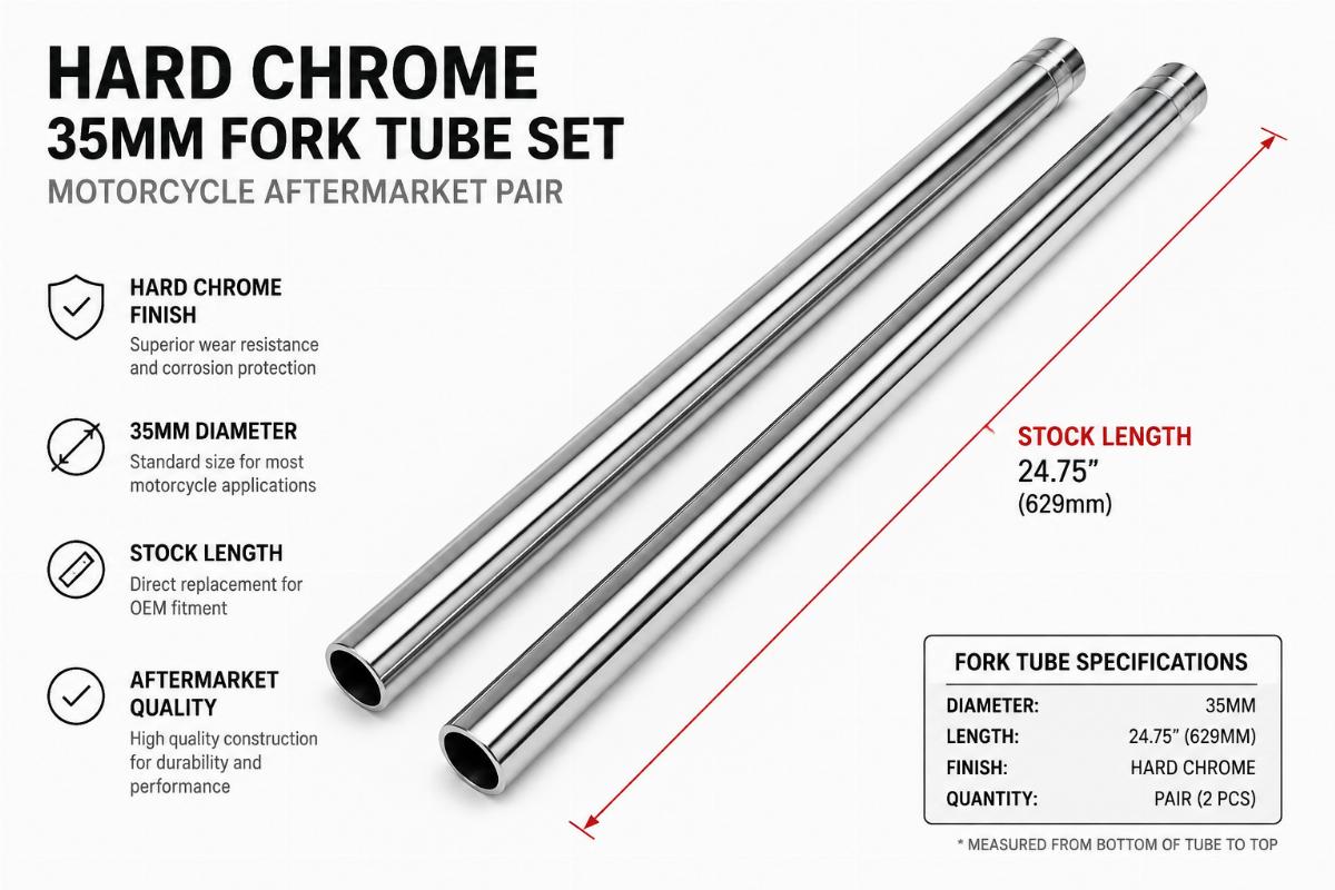 Hard chrome 35mm fork tube set motorcycle aftermarket pair showing stock length