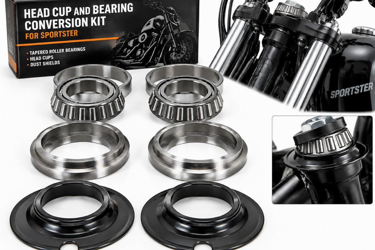 Head cup and bearing conversion kit for sportster showing tapered roller bearings and dust shields