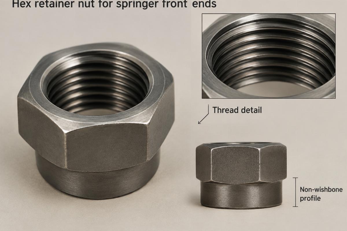 Hex retainer nut for springer front ends showing thread detail and non-wishbone profile