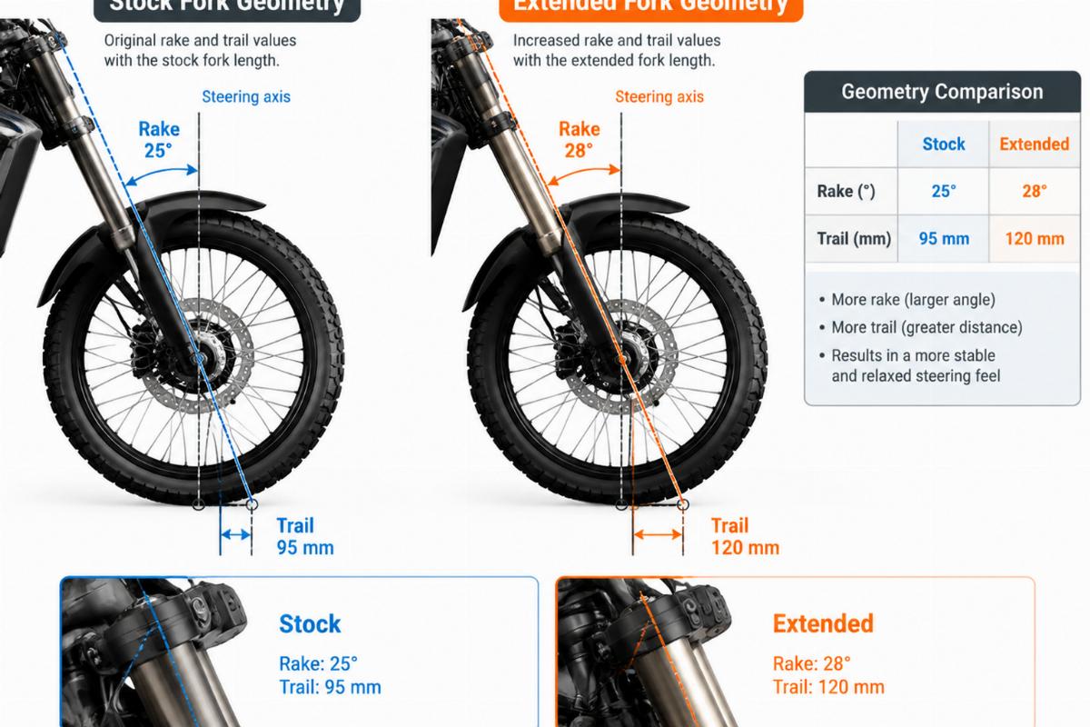 Illustration comparing stock vs extended fork geometry showing changes in rake and trail
