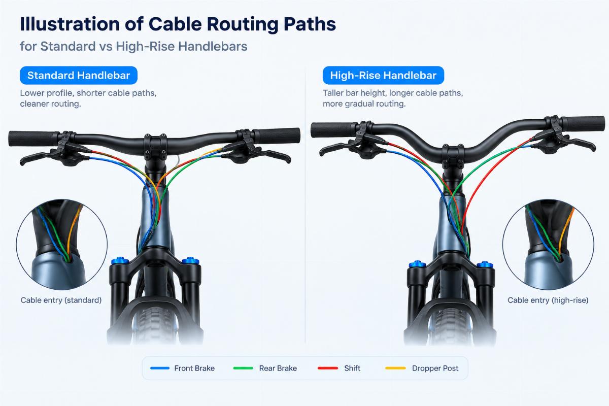 Illustration of cable routing paths for standard vs high-rise handlebars