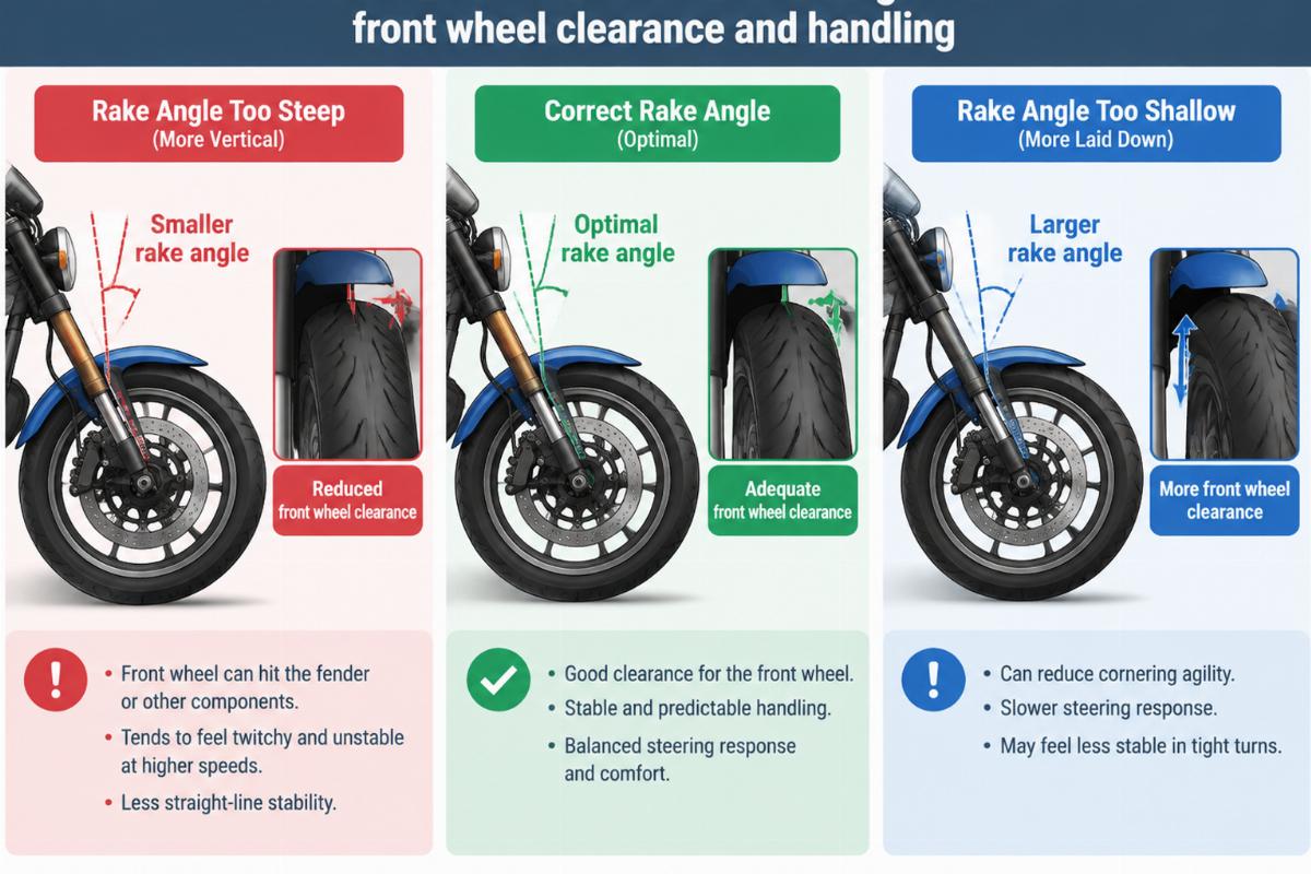 Illustration of how incorrect rake angle affects front wheel clearance and handling