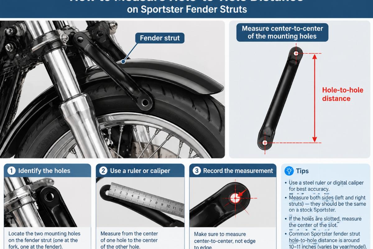 Illustration of how to measure hole-to-hole distance on Sportster fender struts
